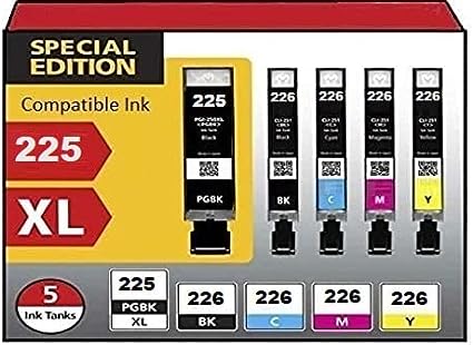 Canon PGi-225 and Cli-226 Compatible Ink Cartridge Value Pack. Includes 1 PGi-225 Black, 1 Cli-226 Black, 1 Cyan, 1 Magenta, and 1 Yellow Ink Cartridges