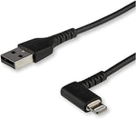 StarTech.com 6ft (2m) Durable USB A to Lightning Cable - Black 90 Right Angled Heavy Duty Rugged Aramid Fiber USB Type A to Lightning Charging/Sync Cord - Apple MFi Certified - iPhone (RUSBLTMM2MBR)