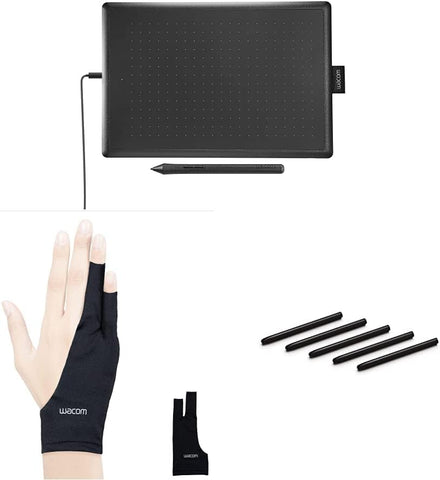 One by Wacom Medium Graphics Drawing Tablet & Drawing Glove, Two-Finger Artist Glove (1 Pack) & ACK20001 Standard Nibs,Black & Pistachio,Small & Medium