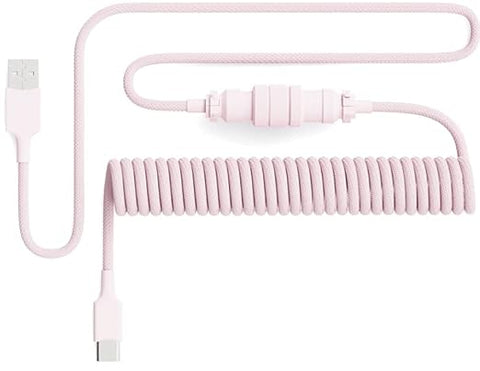 Pwnage Ultra Custom Coiled Aviator USB C Cable for Gaming Keyboard, Double-Sleeved Mechanical Keyboard Cable with Detachable Metal Aviator, 1.8M USB-A to USB-C, Pink Color