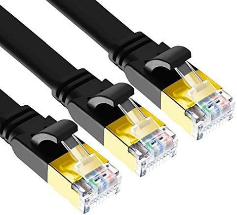 CAT 8 Ethernet Cable, 1.5ft 3 Pack High Speed 40Gbps 2000MHz Flat SFTP Network Cable with Gold Plated RJ45 Connector, CAT8 Internet LAN Patch Cord for Gaming, Routers, Modems (1.5ft/3 Pack/Black)