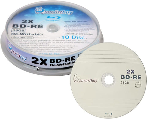 10 Pack Smartbuy 2X 25GB Blue Blu-ray BD-RE Rewritable Branded Logo Blank Bluray Disc