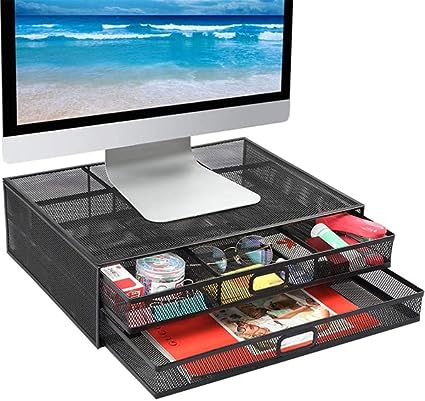 Monitor Stand with Drawer, Monitor Stand, Monitor Riser Mesh Metal, Desk Organizer, Monitor Stand with Storage, Desktop Computer Stand for PC, Laptop, Printer - HUANUO