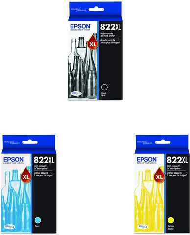 Epson T822 DURABrite Ultra Ink High Capacity Black Cartridge & T822 DURABrite Ultra Ink High Capacity Cyan Cartridge & T822 DURABrite Ultra Ink High Capacity Yellow Cartridge