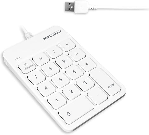 Macally Wired USB Number Pad for Laptop - Slim USB Numeric Keypad with 5ft Cable, Plug and Play 18 Keys - Keyboard Numpad Compatible with Windows PC and Mac - Perfect Add On 10 Key USB Keypad - White