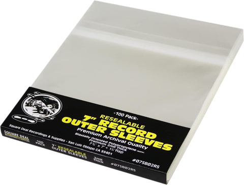 (100) 7" Resealable Record Outer Sleeves - Super Clear Premium 2 Mil Thick - Archival Quality BOPP - 7-3/8" x 7" + 1-1/2" Flap - 07SB02RS