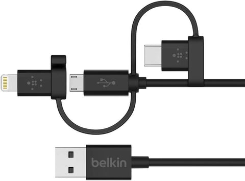 Belkin 3-in-1 Universal USB Cable - USB-C Cable, Lightning Cable, Micro-USB Charging Cable - Apple Charging Cord - Belkin Boost Charge - Belkin Charger Designed For iPhones, iPads, Galaxy & More