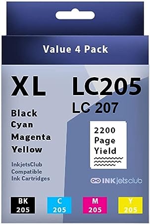 INKjetsclub Brother LC205 / LC 207 High Yield Ink Cartridge Ink Cartridge Replacement 4 Pack Value Pack. Includes 1 Black, 1 Cyan, 1 Magenta and 1 Yellow Compatible Ink Cartridges