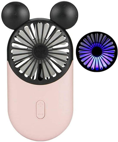 Kbinter Cute Personal Mini Fan, Handheld & Portable USB Rechargeable Fan with Beautiful LED Light, 3 Adjustable Speeds, Portable Holder, for Indoor Or Outdoor Activities, Cute Mouse