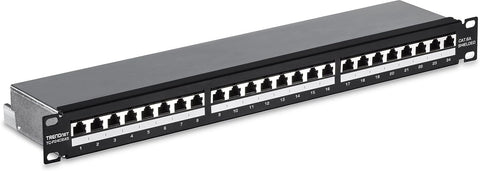 TRENDnet 24-Port Cat6A Shielded Patch Panel, 1U 19" Metal Housing, 10G Ready, Cat5e,Cat6,Cat6A Compatible, Cable Management, Color-Coded Labeling for T568A and T568B Wiring, Black, TC-P24C6AS