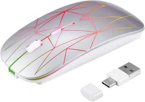 3C Light Wireless Mouse, Rechargeable Slim Silent Mouse 2.4G Portable Optical Office RGB Mouse with USB & Type-c Receiver, 3 Adjustable DPI for Notebook, PC, Laptop, Computer, Desktop,Mac(Silver)