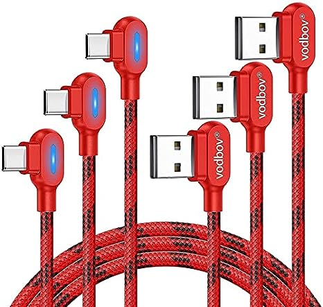 USB C Charger Cable, 3Pack 10ft 6ft 4ft Type C Fast Charging Right Angle Durable Braided Cords with Led Compatible Kindle Samsung Galaxy Note LG Red