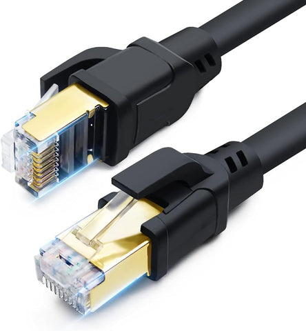 CAT 8 Ethernet Cable 100ft, Indoor & Outdoor, High Speed 40Gbps 2000MHz SFTP Internet Cable with Gold Plated RJ45 Connector for Gaming, Router, PC, Heavy Duty Weatherproof, UV Resistant (100ft Black)