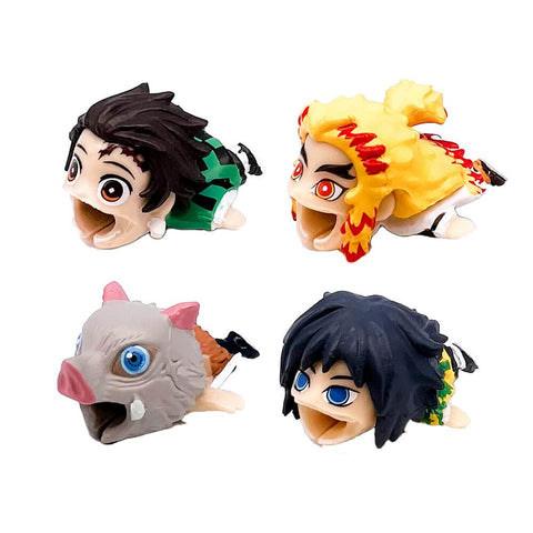 WAINCRAFTS Demon Slayer Anime Bite Cable Protectors 4 PCS(Tanjirou,Kyoujurou,Giyuu,Inosuke) Charger Pet,Cable Buddy(Compatible with iPhone,iPad, Type-C and Micro USB Android Cords)