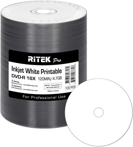 100 Pack Ritek Pro (Professional Grade) DVD-R 16X 4.7GB AZO Dye (MID MXL RG04) White Inkjet Hub Printable Blank Media Recordable Disc