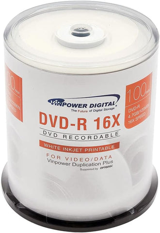 Vinpower Digital DVD-R 4.7GB 16x White Inkjet Printable Hub Recordable Media - 100 Disc Cake Box Spindle