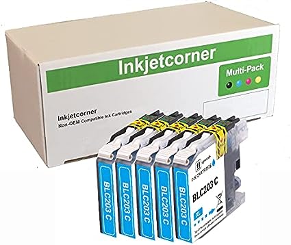 Inkjetcorner Compatible Ink Cartridges Replacement for LC203C LC203XL for use with MFC-J460DW MFC-J480DW MFC-J485DW MFC-J680DW MFC-J880DW MFC-J885DW (Cyan, 5-Pack)