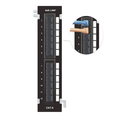 iwillink 12 Port Patch Panel, Cat6 Patch Panel with Jack Shutter, 1U Support, RJ45 Keystone Network Patch Panel Rackmount or Wall Mount for Cat6, Cat5e, Cat5 Cabling