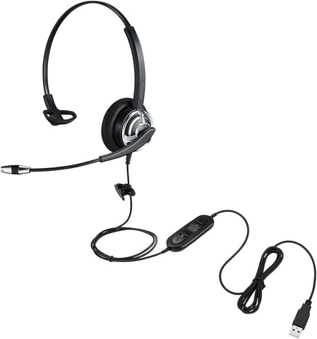 USB Headset with Microphone Noise Cancelling & In-Line Controls Wired Computer Headphones for PC Laptops One Ear Work Headset for Call Center Office Conference Calls Skype Zoom Teams Online Course