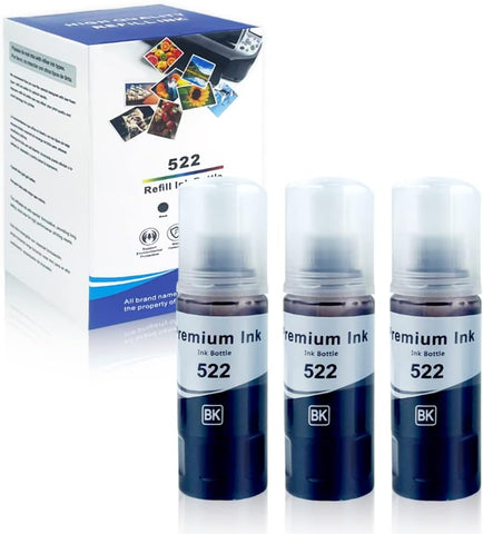 Compatible Refill Ink 522 Black Bottles Replacement for Epson T522 Use with Ecotank ET2720 ET2760 ET4700 Printers,3 Pack(Not for Sublimation) (522(3 Black))