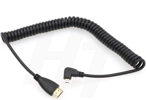 HangTon Micro HDMI to HDMI HDTV Spiral Cable for DSLR Cell Phone Tablet Laptop DV Camera Computer Monitor 4ft Left Angled 90 Degree