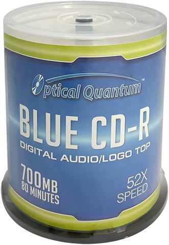 Optical Quantum Premium Quality Music Digital Audio Logo Top 700MB 52x Blue AZO CD-R with Noise Free Playback for Optimal Audio Music Recording, 100 Discs