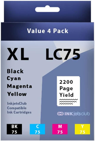 INKjetsclub Brother LC75 High Yield Ink Cartridge Ink Cartridge Replacement 4 Pack Value Pack. Includes 1 Black, 1 Cyan, 1 Magenta and 1 Yellow Compatible Ink Cartridges