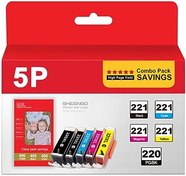 220 and 221 Ink Cartridges Value Pack Replacement for Canon PGI-220/CLI-221 PGI220 CLI221 Use with Pixma MP620 MP560 MX860 MX870 iP4600 Printer (1PGBK, 1 Black, 1 Cyan, 1 Magenta, 1 Yellow, 5 Pack)