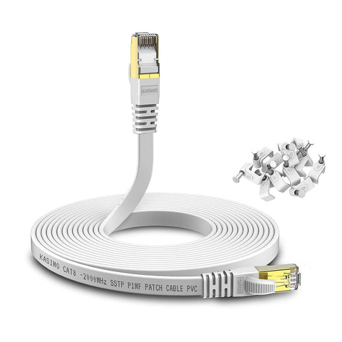 Cat 8 Ethernet Cable 25ft KASIMO Cat8 Flat Internet LAN Cable 40Gbps 2000MHz High Speed Network Patch Cable White SSTP Ethernet Cord with RJ45 Gold Plated Connector for Router Modem Switch Gaming Xbox