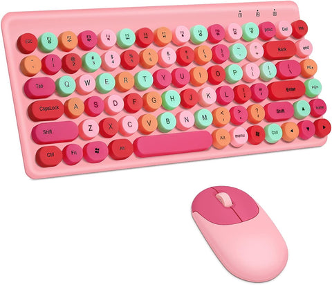 Wireless Keyboard and Mouse Combo, TRELC 2.4GHz Cute Keyboard with Slim Mouse, Mini 86-Key Retro Round Keys Keyboard, Typewriter Keyboard for PC, Desktop, Computer, Notebook, Laptop (Pink-Colorful)