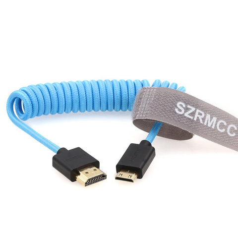 SZRMCC HDMI Cable 8K 2.1 Mini HDMI to HDMI Coiled Braided Cable High Speed Mini HDMI Male Extender Blue Cable