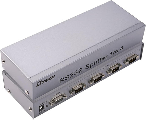 RS232 Splitter, DTECH 4 Port Serial Expansion Box 1x4 COM Port Expander with Power Adapter for Sharing PCs and Capture Data