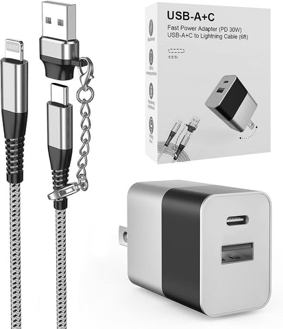 Apple MFi Certified iPhone 14/13 Charger Block and 6 feet Long Cord, 30W Dual Port Fast Charging Wall Plug with 6ft USB-C to Lightning Cable and USB Adapter for iPhone 14/13/12/11/X/Xs/XR/Pro Max