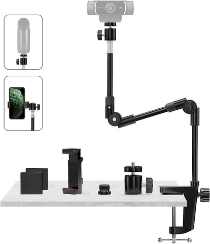 Webcam Stand Camera Mount with Phone Holder & 5/8"Screw, 25in Flexible Projector Stand Gooseneck Desk Mic Stand for Logitech C922 C930e C920 C925e C615 C960 Brio 4K, GoPro Hero, Blue Yeti Snowball Ice