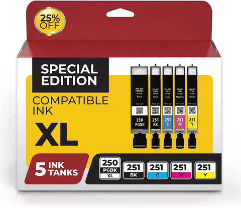 Canon PGI250 XL & CLI251 XL Compatible Replacement Ink Cartridges 5 Value Pack. Works Great with Canon PIXMA MX922, MG5520, MG7520 and More Printers (5 Pack Canon PGI 250 Ink)