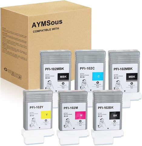 AYMSous Compatible Ink Cartridge Replacement for Canon PFI-102 PFI102 PFI-102MBK PFI-102BK PFI-102C PFI-102M PFI-102Y for Canon imagePROGRAF iPF500 510 600 605 610 650 655 700 710 720 750 (6-Pack)