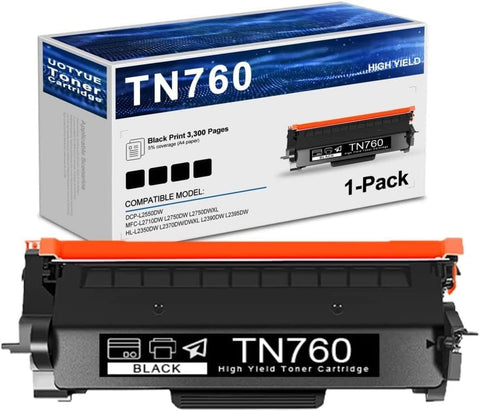 UOTYUE TN760 High Yield Toner Cartridge - Uoue Compatible 1 Pack TN-760 TN 760 Toner Replacement for MFC-L2750DWXL L2750DW L2710DW DCP-L2550DW HL-L2350DW L2370DWXL L2390DW L2395DW Printer