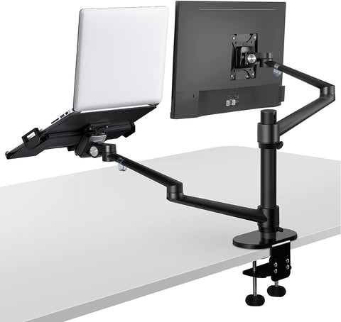 Viozon Monitor and Laptop Mount, 2-in-1 Adjustable Dual Arm Desk Mounts Single Desk Arm Stand/Holder for 17 to 32 Inch LCD Computer Screens, Extra Tray Fits 12 to 17 inch Laptops (Black)