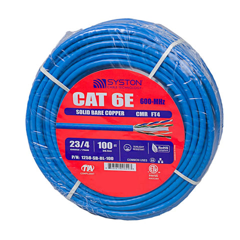 Syston Cable Technology Cat 6E Ethernet Network Cable - 100 FT?600MHz 23AWG Solid Bare Copper Wire Outdoor/Indoor, Bulk No Ends 10 Ft to 1000 Ft Available, Heat Resistant Riser Rated - CMR