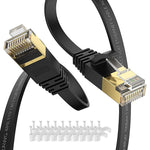 Cat7 50FT Ethernet Cable Black-10Gbps Shielded & Ground Wire Internet Flat Cord for Long Distance,Ultra Slim Cat 7 LAN Line with Gold -Plated RJ45 for PS5,Xbox,NAS,Cat6A(30 Clips)