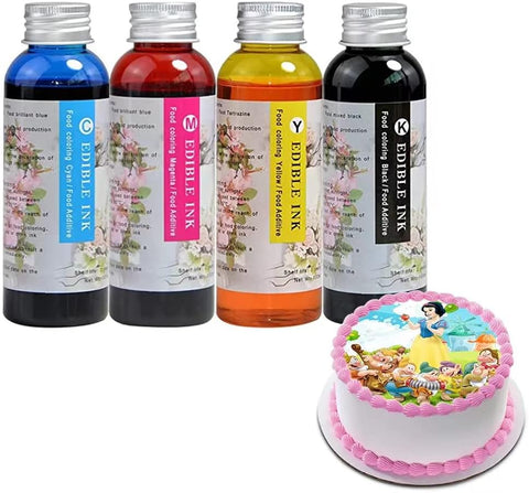 Topwang 4 Colors 100ML/Bottle Food Grade Bakey Ink refillable for Canon PGI-250 PGI270 PGI-280 Ink Cartridges Ca ke Ink C AKE Maker Print on Sugar Paper/Frosting Icing Sheet, Black,Cyan,Mageta,Yellow