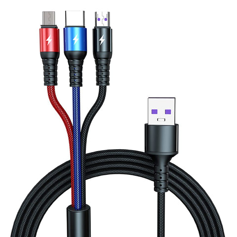 CompuPort 3in1 Custom Braided 5 Amp 4Ft Multi USB Fast Charger Cord to Charge 3 Devices simultaneously with Type-C/Micro-USB connectors Compatible with All Smart Phones/Tablets and Any USB Devices