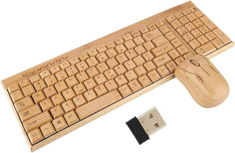 2.4G Wireless USB Full Bamboo Keyboard and Mouse, Natural,Handmade,Eco Friendly,Waterproof Mouse and Keyboard – 1600DPI Compact Cordless Keyboard and 3 Button Mouse