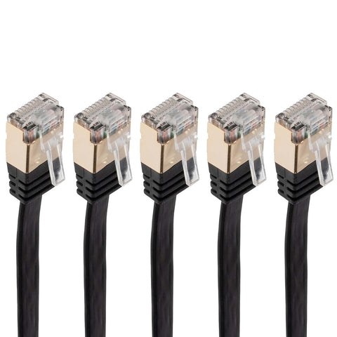 GESS Technologies Cat 7 Flat Ethernet Cable 5 Pack Black 6ft 10Gbps High Speed Performance Snagless Network LAN UTP 600MHZ Patch Cord Internet RJ45 Internet Cable - 6 Feet