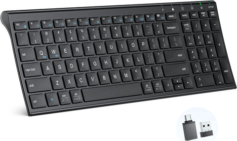 iClever Wireless Keyboard GKA22B Rechargeable Keyboard with Number Pad, Full-Size Stainless Steel Ultra Slim Keyboard, 2.4G Stable Connection Wireless Keyboard for iMac, Mackbook, PC, Laptop (Black)