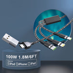 100W USB C Multi Charging Cable, 6FT QC 6A 2-in-3 Universal Quick Charging Cable, 3 in 1 Charging Cable Cord with iPhone/Type C/Micro Connectors Sync Charger Adapter for Phone/Tablet and More