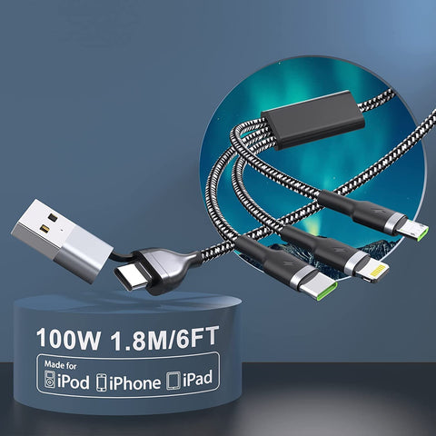 100W USB C Multi Charging Cable, 6FT QC 6A 2-in-3 Universal Quick Charging Cable, 3 in 1 Charging Cable Cord with iPhone/Type C/Micro Connectors Sync Charger Adapter for Phone/Tablet and More