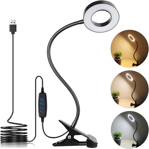 LuxLumin LED Desk Lamp with Clamp for Video Conference Lighting, USB Light for Laptop Zoom Meeting, Clip on LED Ring Light for Computer Webcam Lighting with 10 Brightness and 3 Color Dimmable Black