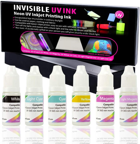 Invisible UV Ink 6 Colors Set for Inkjet Printers, 10 ml/Color blacklight Invisible uv Printer Ink