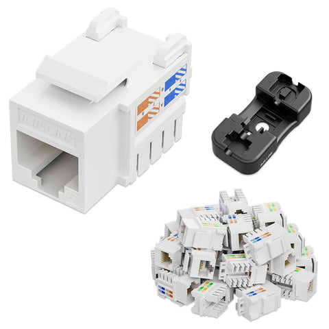 iwillink Cat6 Keystone Jack RJ45 Keystone Jack 25-Pack and Keystone Punch-Down Stand, UTP Modular Ethernet Jack Insert 90-Degree, Punch Down Keystone Jack Adapter, White